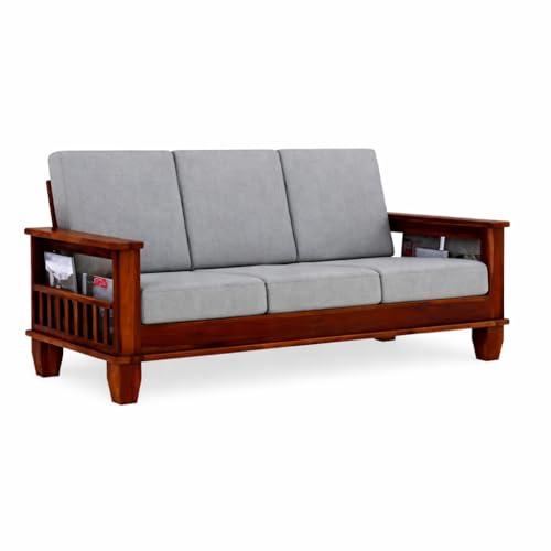 Image of Solid Sheesham Wood 3 Seater Sofa for Living Room | Couch Sofa for Living Room | Sofa Set Furniture for Home| Settee 3 Seater - Grey