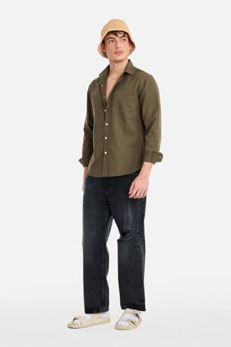 Image of SNITCH Men Casual Shirt | Regular Fit Full Sleeve Spread Collar Solid Pattern | Breathable Cotton Linen Blend & Lightweight Fabric for Summer, Vacation & Smart Casual Wear