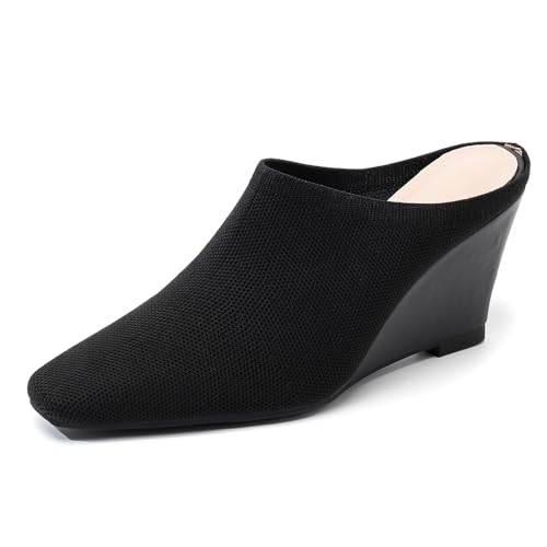 BANGTEUO Womens Knit Closed Square Toe Wedge Heel Mules Comfortable Slip On Mesh Knit High Heeled Clog Sandals For Casual Walking Party Daily Work Office (Black,6)