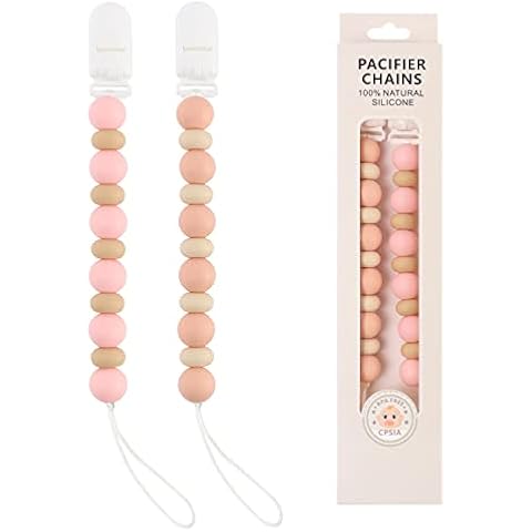 Dummy Clips for Boys Girls, 2 Pack BPA Free Silicone Pacifiers Clips with Box, Soother Chain Holders for Baby Unisex (D-Pink 1) Cover