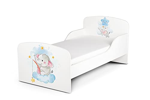 Leomark Kinderbett 140x70 Elefanten-Motiv UV-Druck, Holzbett mit Matratze