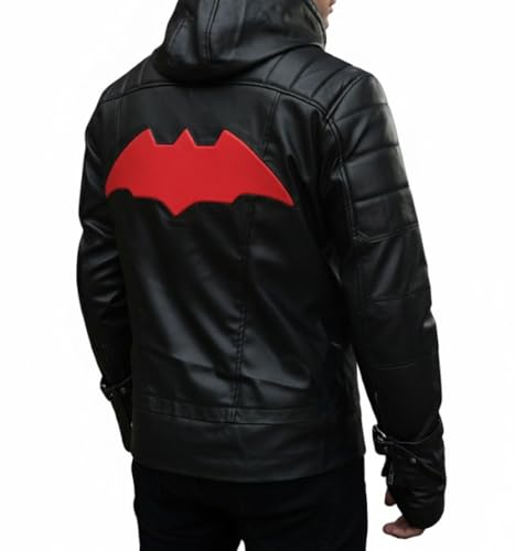 Image of Black Hood Bat Jacket and Vest - Red Hooded Leather Jacket 2 in 1