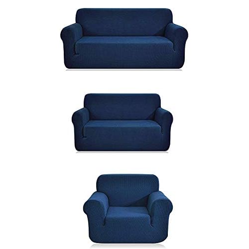 Universal Fit Elastic Sofa Loveseat Armchair Stretch Slipcover Set – Solid Slipcover (Sofa Loveseat Armchair – 3PC, Navy)