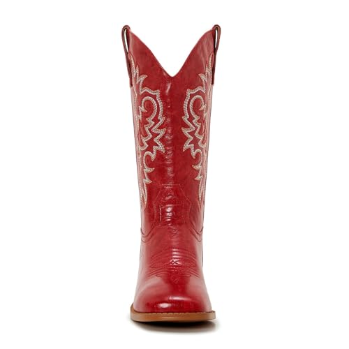 Image of Cowgirl Boots Square Toe Cowboy Boots For Women Ladies Mid Calf Low Heel Flat