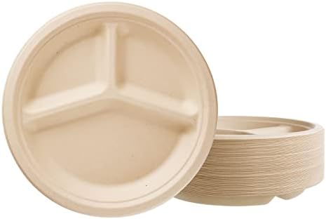 Harvest Pack GOURMET SHOWCASE [125 COUNT] Sugarfiber 10-inch Compostable Disposable Paper Plates, Round Divided 3 Compartments, Made from Eco-friendly Plant Fibers