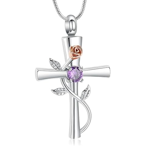 mingkejw Cross Urn Necklace for Ashes Rose Flower Cremation Jewelry for Ashes for Women Keepsake Memorial Human Pet Ashes Pendant,Purple Cover