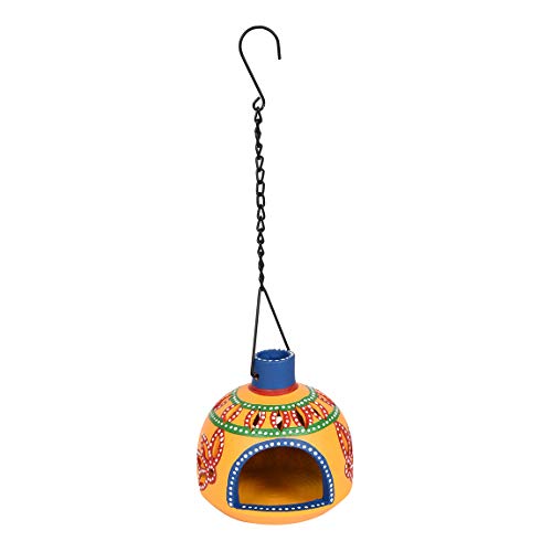 Image of AAKRITI ART CREATIONS Terracotta Handpainted Yellow Matki Hanging Tea Light | Floral Art Handmade Decor | Matte Finish Terracotta Decorative Hanging Items for Home | Handpainted Decor