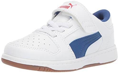 PUMA Unisex-Baby Rebound Layup Lo Hook and Loop Sneaker, White-Galaxy Blue-high Risk Red, 4 M US Toddler