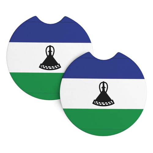 Lot de 2 sous-verres de voiture avec drapeau YYHHAOFA du Lesotho - Sans odeur - Pour tous les porte-gobelets standard, parfaits pour les voitures, camions, SUV - 6,9 cm