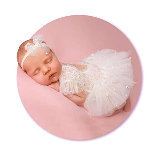 Image of LYXIHAP 3 Pcs Newborn Photography Props Baby Girl Lace Ribbon Rompers Headdress Rompers Set