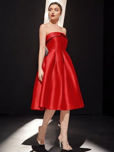 Image of Strapless Satin A-Line Cocktail Dress for Women - Elegant Prom, Wedding,Formal Evening Gown with Pleated Skirt