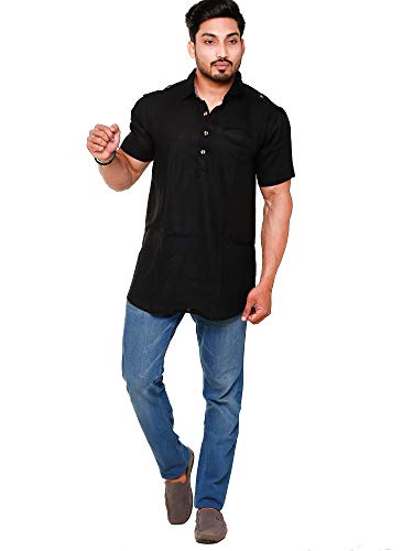 Image of Mens Cotton Linen Half Sleeve Plus Size Short Kurta