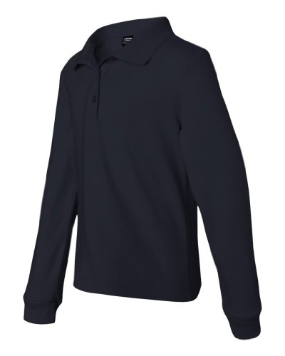 Image of French Toast Girls' Long Sleeve Polo with Picot Trim Collar (Navy, 14 /16)