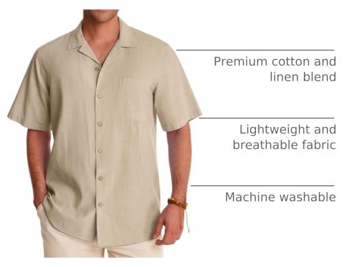 Image of Alimens & Gentle Mens Linen Shirts Cotton Hawaiian Shirts Short Sleeve Button Down Shirts Casual Summer Beach Tops