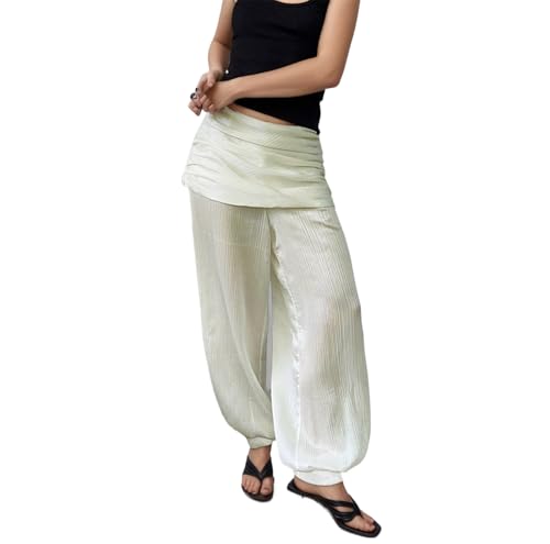 OCUH Bloomers Harem Pants Boho Sheer Lace Hem Balloon Pants Ruffle Pantaloons Bubble Puffy Cropped Flared Slips Trousers