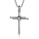 HattiDoris Nail Cross Necklace for Men Stainless Steel Chain 24inch 3 Nails Jesus Cross Pendant Christian Gifts for Dad 3 Colors（Silver）