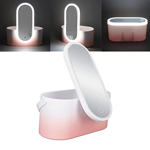 Makeup Case Pink Gradient Portable Large Capacity Foldable Rotating LED Light Makeup Storage Box With Makeup Mirror Smart Chargeable for Home Travel Use - Image 3