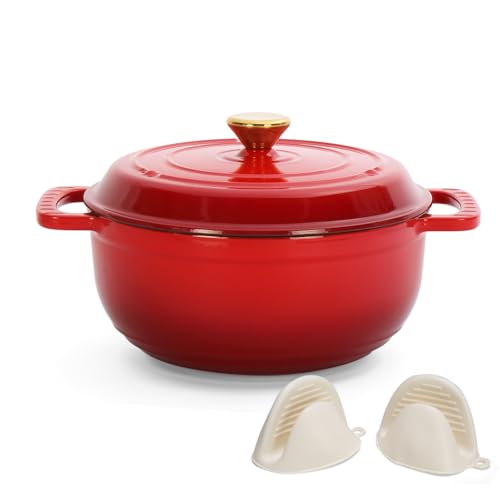 LEADZM Casserole en fonte - 26 cm - 4,7 l - Cocotte avec couvercle - En émail - Pour rôtir, cuisine, cuisson - Certifié FDA (rouge)