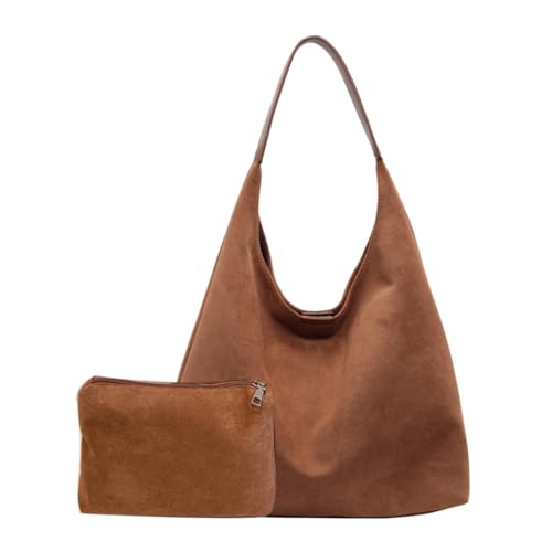 GSenhui Wildleder Hobo Bag Damen Slouchy Tote Bag Schultertasche mit Reißverschluss, Suede Handtasche Vintage Tragetasche Shopper Umhängetasche für Arbeit Reisen, marrón