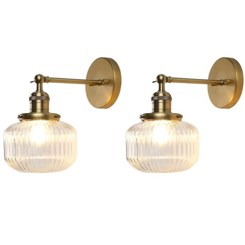 Pathson Set de 2 Vintage Industriel Applique Murale E27 Luminaires Intérieur Abat-jour en Verre Côtelé Ø16CM Lampe Murale pour Salon,Cuisine, Salle de bain,Miroir (Laiton Antique 2PCS)