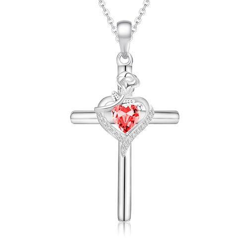 Cross Pendant Necklace, Rose Heart Cross Pendant Necklace for Women, 18K White Gold Plated Sterling Silver with Zirconia, 12 Color Options, Romantic Jewelry Gift for Her