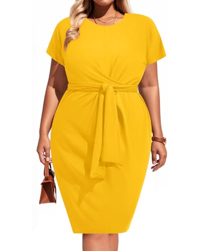 Image of Pinup Fashion Plus Size Dresses for Women Wedding Guest Short Sleeve Tie Front Waist Belted Pencil Work Knee Dress