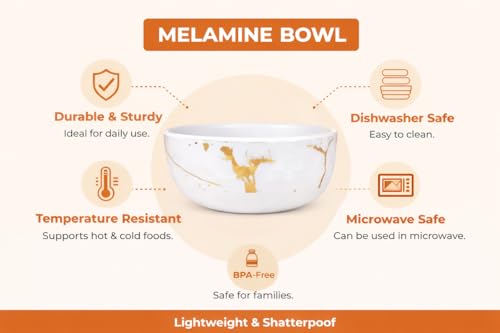 Image of Ariya 4.5 Inch Melamine Soup Bowls Set of 3 (350 ml) | White /Gold | Serving Bowls for Soup, Salad, Noodles, Pasta, Oatmeal | Durable & Stylish Dinnerware for Daily & Special Use