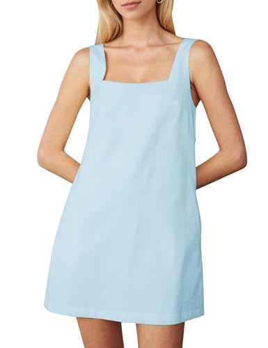 Image of Burtell Summer Sleeveless Cotton Linen Mini Dresses for Women Casual Square Neck Backless Short Dress Solid Tank Shift Dress