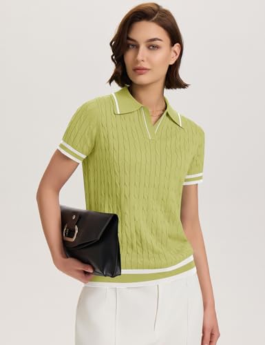 Image of Micoson Womens Short Sleeve Sweater Tops Lapel V Neck Polo Shirts 2026 Summer Cable Knit Loose Blouse Business Casual Outfits
