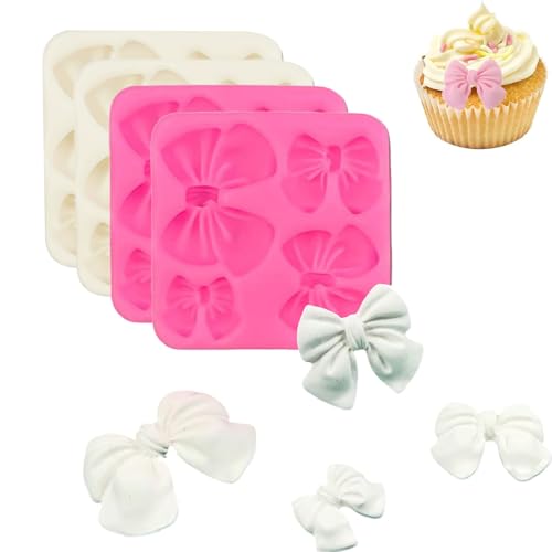 4 Pcs Bow Chocolate Mold, Bow Molds for Chocolate, Bow Silicone Mold, Candy Bows, Bow Molds Silicone, Bow Fondant Mold for Birthday Party DIY Cake Supplies Wedding Decoration (Pink,White)