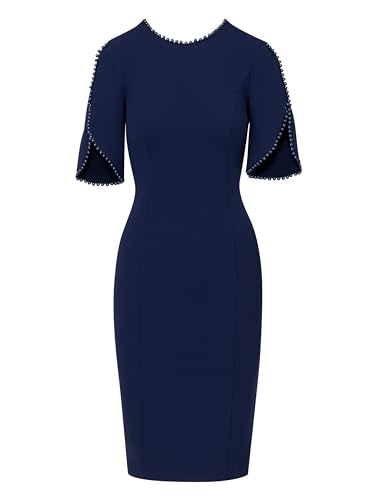 Image of Adrianna Papell Women's Knit Crepe Pearl Midi Dress | Knee Length Cocktail Dress with Pearl Trim & Tailored Fit