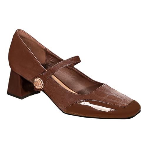 Women's Mary Jane Hook and Loop Chunky Heel Pumps Fashion Square Toe Color Blocking Mid Block Heel Working Business Dress Shoes Daily Breathable Non-Slip Pumps