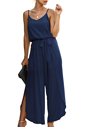 Walant Damen-Overall, Sommer, rückenfrei, ärmellos, V-Ausschnitt, Seitengabel, einfarbig, Camisole, Strampler Jumpsuit, schick, elegant, Loose Casual, blau, Large