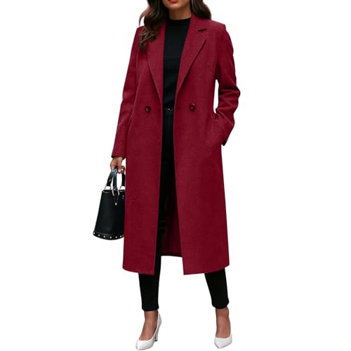 Image of Winter Coats For Women Classic Lapel Double Breasted Pea Coats Casual Loose Long Sleeve Midi Length Overcoat Warm Wool Blend Trench Coat Long Jackets With Pockets (B-Red,M)