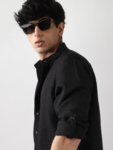 Image of Urbano Fashion Men's Linen Blend Full Sleeve Relaxed Fit Mandarin Collar Casual Solid Shirt