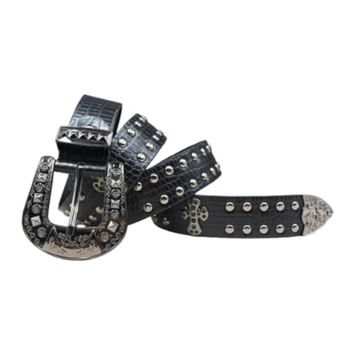 Western Studded Belts for Women Men, Rhinestones Cross Rivet Crocodile Pattern Strap with Engraved Floral Buckle