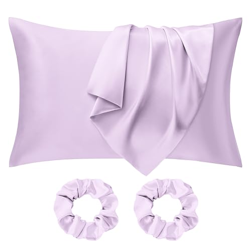Seiwohl Satin Silk Pillowcases for Hair and Skin Lavander Pillow cases 2 Pack with Hair Silk Scrunchies for women Cooling Pillow cases with Envelope Closure