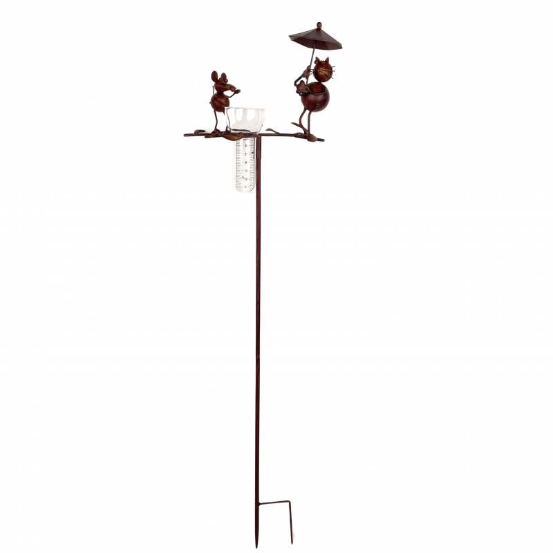 Pluviomètre à Piquer Tuteur Plante Décoration de Jardin Motif Chat et Souris en Métal Patiné Marron et Tube en Verre 17x33x119cm