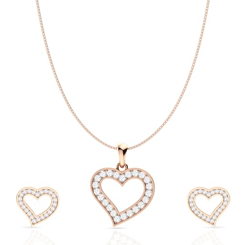 Image of 925 Sterling Silver Rose Gold Plated Pendant Set for Women | Heart & Floral Design Necklace with Matching Earrings | Elegant Jewellery Gift for Girls, Wife, Girlfriend