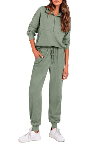 Image of PRETTYGARDEN Women 2 Piece Ribbed Knit Matching Lounge Sets | Comfy Sweat Track Suits, Athleisure Casual Outfit, Half Zip Sweatshirt & Jogger Pants, Fall Winter Clothes for Airport Travel