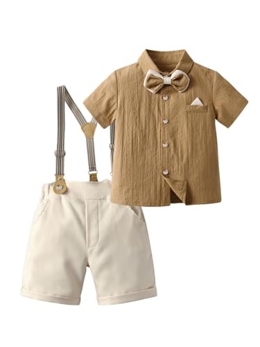 Image of SANGTREE Baby Shorts Dress Clothes Set, T-Shirt + Bowtie + Suspender Shorts Outfit, 3 Months - 14 Years