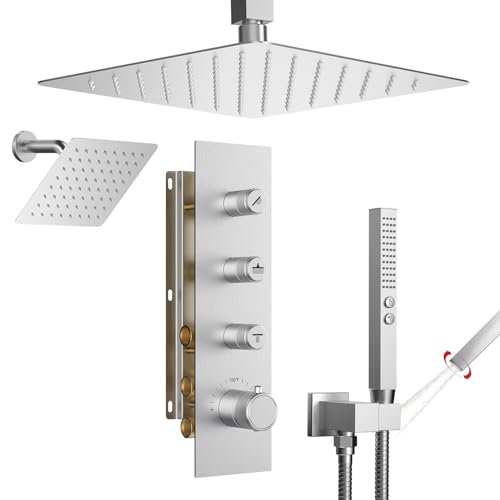 Thermostatic Shower System,Shower Faucet Set,12 Inch Ceiling Mounted and 6 Inch Wall Mount Rain Shower Head with 2 in 1 Handhled,Push Button Diverter Dual Head Shower Set Brushed Nickel