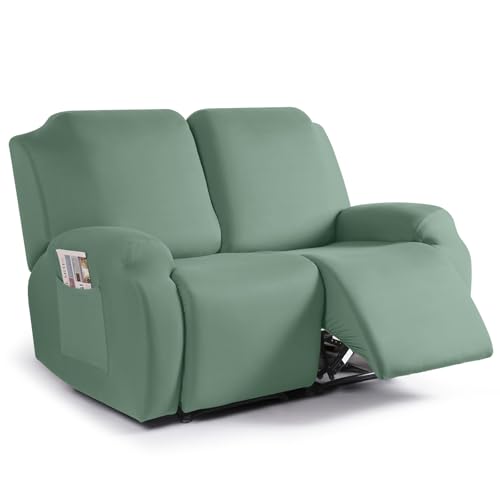 Image of TAOCOCO Recliner Loveseat Slipcover, 2 Pieces Polyester Fabric Stretch Sofa Covers for 2 Seat Reclining Couch, Soft Washable Furniture Protector with Pockets (2 Seat, Bean Green)