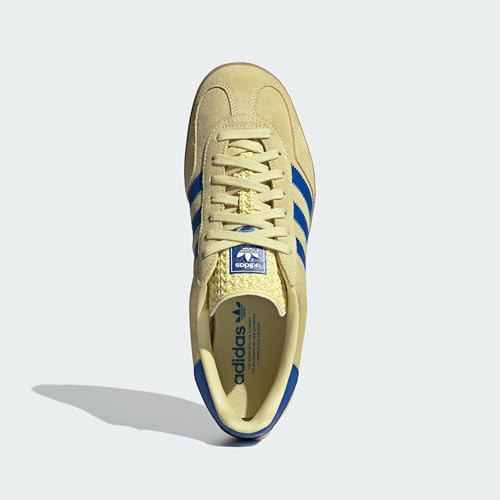 Image of adidas Originals Gazelle Indoor, Powder Yellow /Royal Blue /Cloud White, Size 8.5