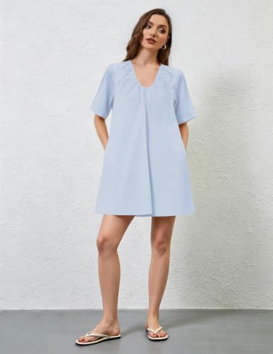 Image of OLAPTA Women Summer Sleeveless Babydoll Mini Tank Dresses Loose Fit Scoop Neck Ruched Short Dress with Pockets Party Clubwear