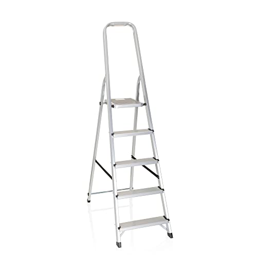 hjh OFFICE 801100 Klappleiter SOLID III Aluminium Trittleiter mit 5 Stufen und Sicherheitsbügel, bis 150kg belastbar, Silber Cover