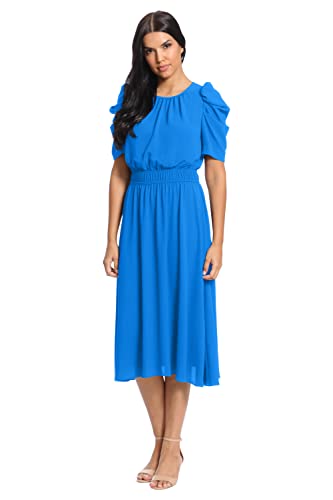 Image of London Times Women's Caterpillar Puff Sleeve Midi Dress - Gathered Waist A-Line Flowy Summer Dress