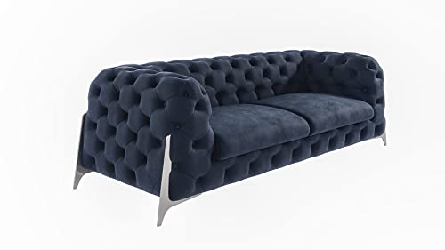 ROVERTI Rocky Chesterfield DREI-Personen Couchgarnitur Marineblau 230 x 100 x 73 cm - Metallfüße, Polstersofa - Couch - Sofa, Velours Cover