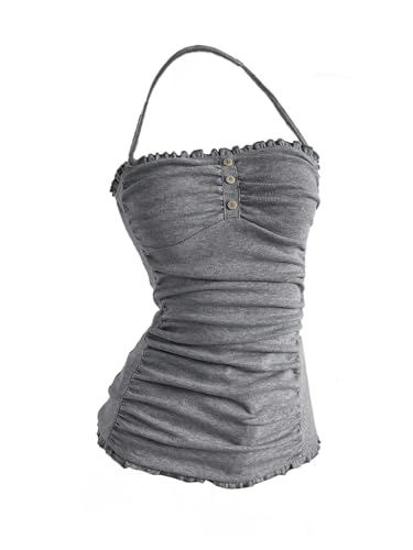 Milumia Women's Ruched Frill Trim Backless Halter Top Sleeveless Slim Fit Summer Camis