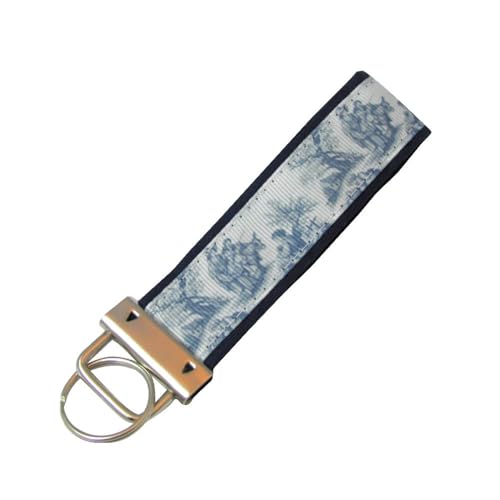 Blue Toile Key Chain, Blue Toile Key Fob, Fabric Blue